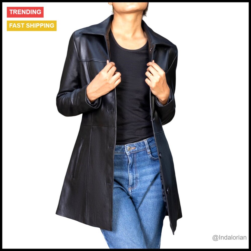 Genuine Leather Overcoat Blazer Style Jacket Women's Mid-Calf Length
